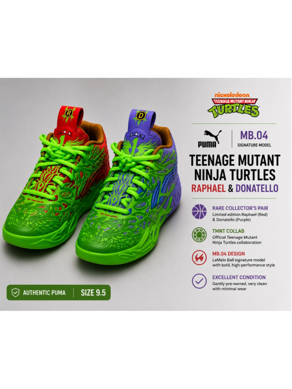 PUMA MB.04 TMNT LaMelo Ball Teenage Mutant Ninja Turtles Shoes Men's 9.5